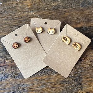 Set of 3 homemade wood earrings cats sloths campers